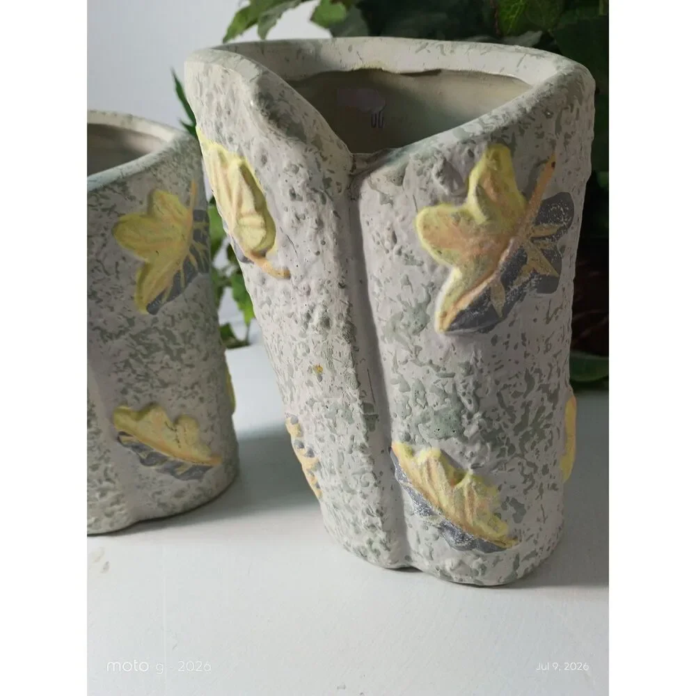 Handcrafted White Ceramic Vases with Yellow Leaves, Handpainted Clay Pottery
